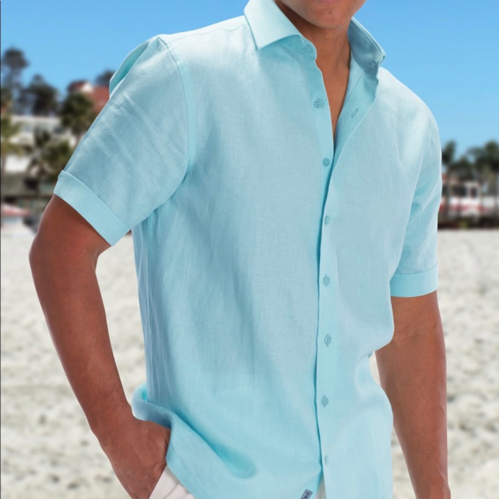 NWT Bahia Sol Bradford Italian Linen Shirt - Pool